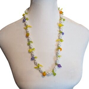 Vintage Style Fruit Salad Plastic‎ Bead Necklace White Popcorn Grapes Bananas